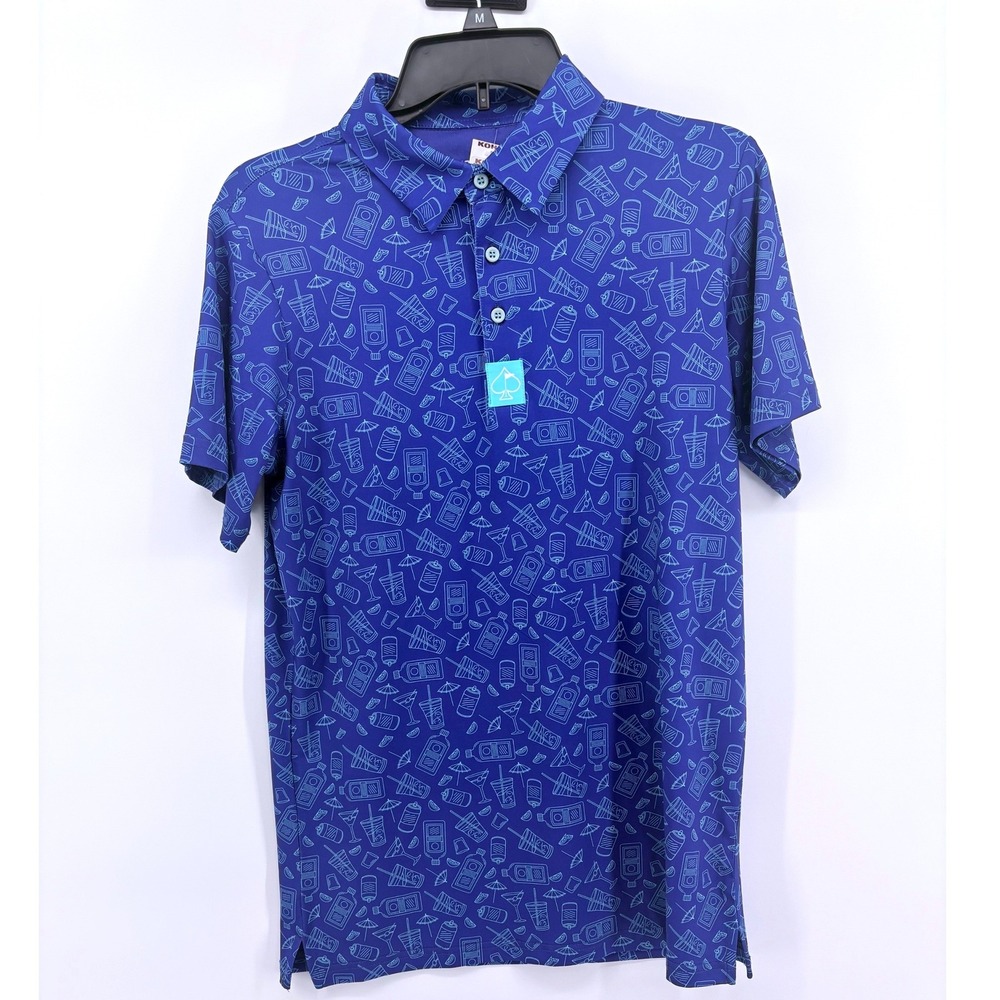 Pins & Aces Mens Blue Cocktail Print Performance Golf Polo Shirt Size Small NEW